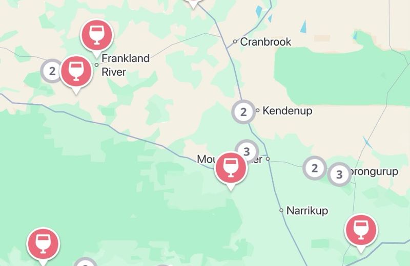 The Jedhi app map of the Great Southern, with winery pins from Frankland River and Walpole to Denmark, Mount Barker, Porongurup and Albany
