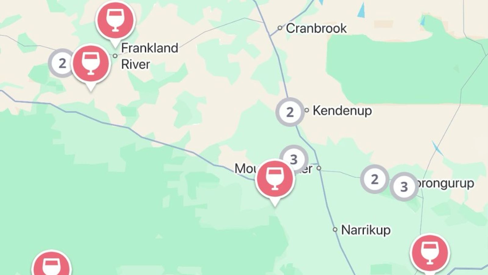 The Jedhi app map of the Great Southern, with winery pins from Frankland River and Walpole to Denmark, Mount Barker, Porongurup and Albany