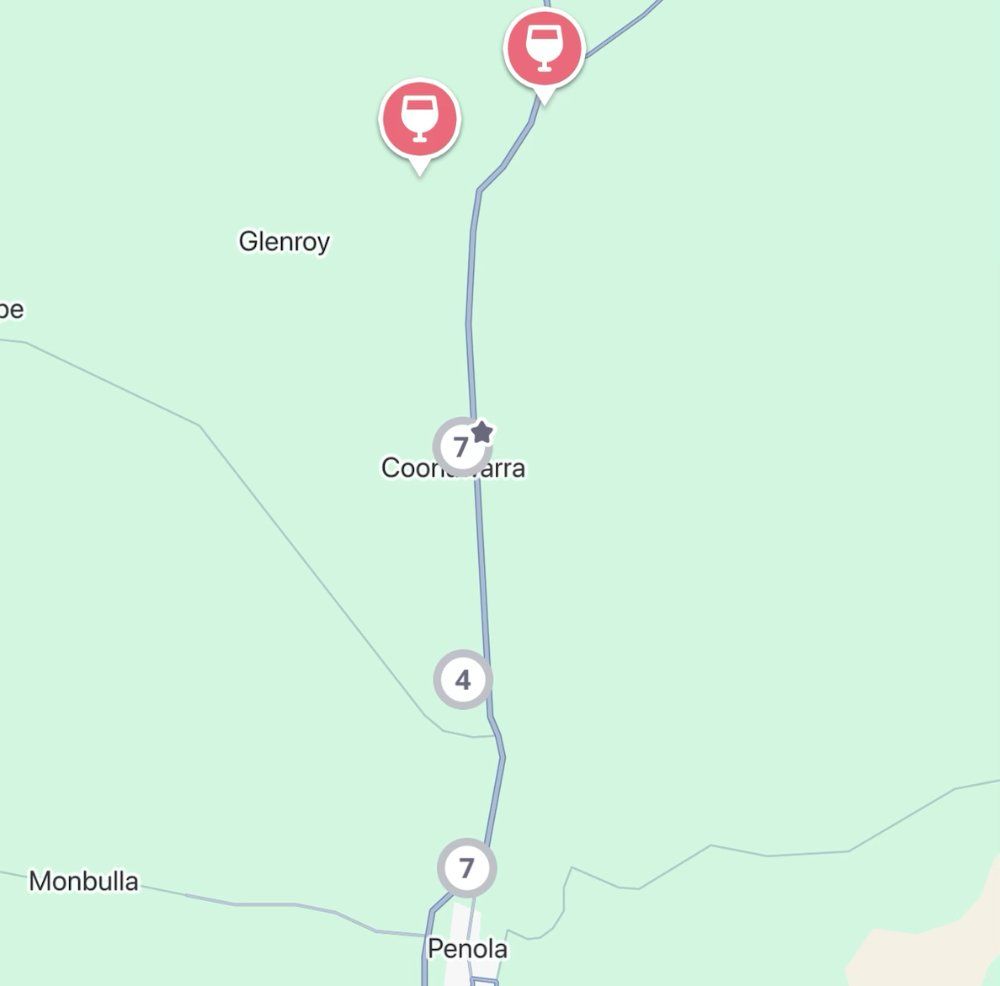 The Jedhi app map of Coonawarra, with winery pins along the road from Coonawarra to Penola