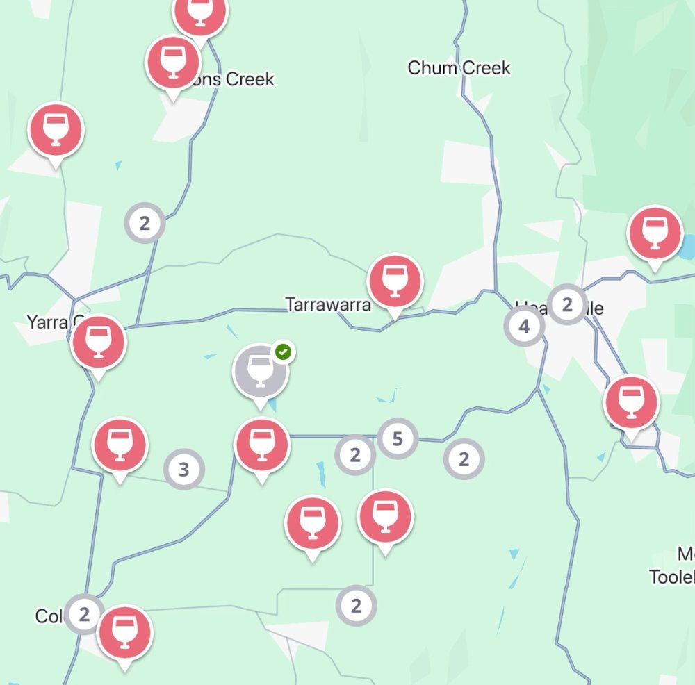 The Jedhi app map of the Yarra Valley, with winery pins around Yarra Glen, Coldstream, Healesville and Dixons Creek