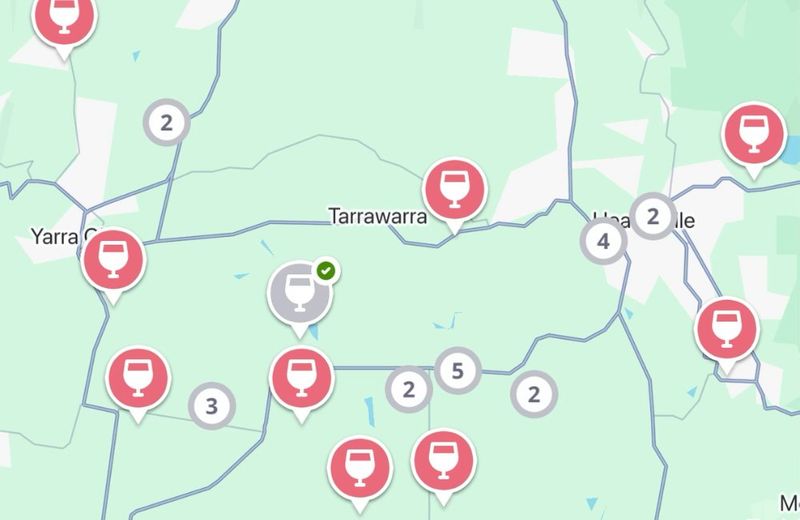 The Jedhi app map of the Yarra Valley, with winery pins around Yarra Glen, Coldstream, Healesville and Dixons Creek