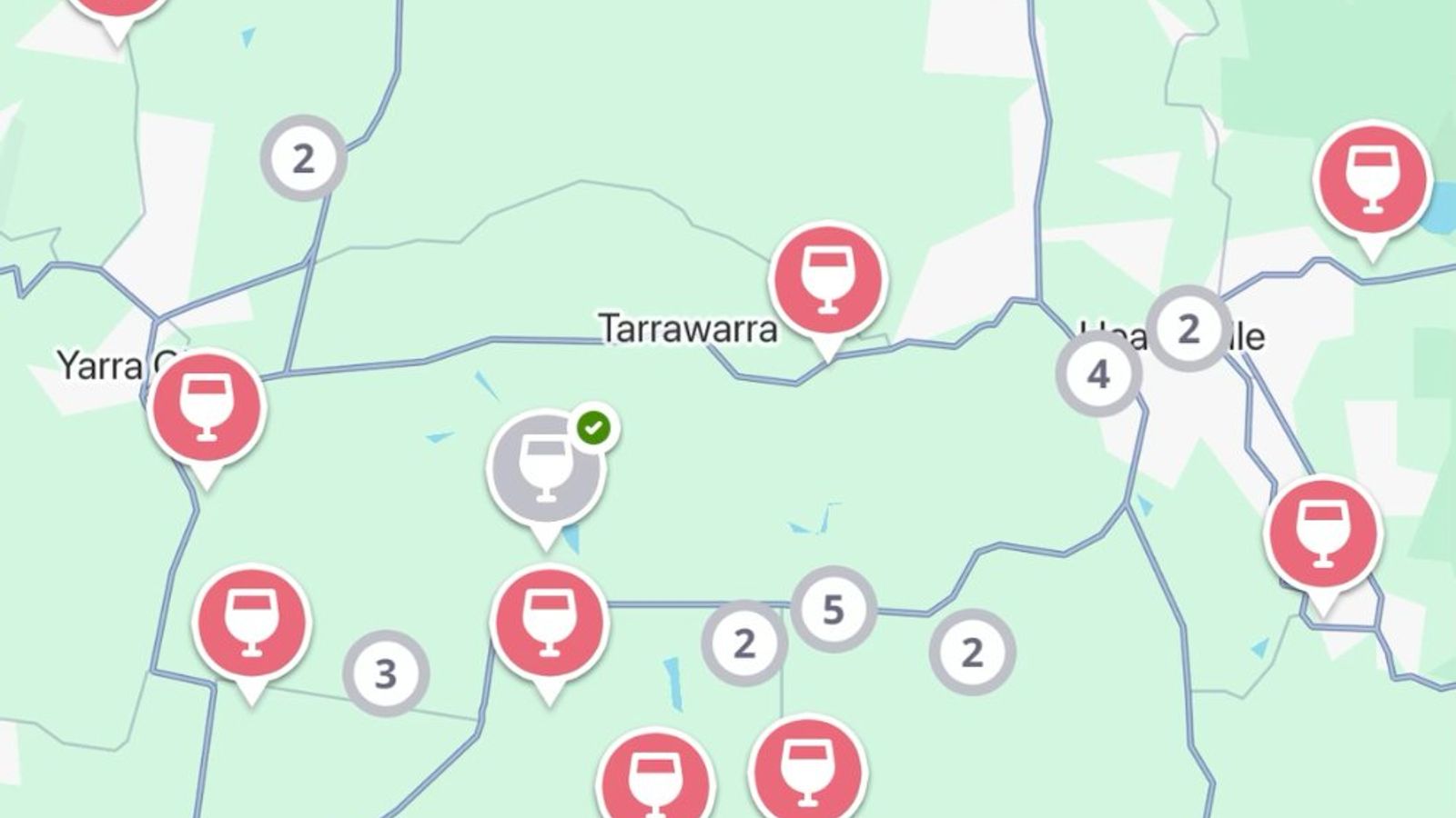 The Jedhi app map of the Yarra Valley, with winery pins around Yarra Glen, Coldstream, Healesville and Dixons Creek