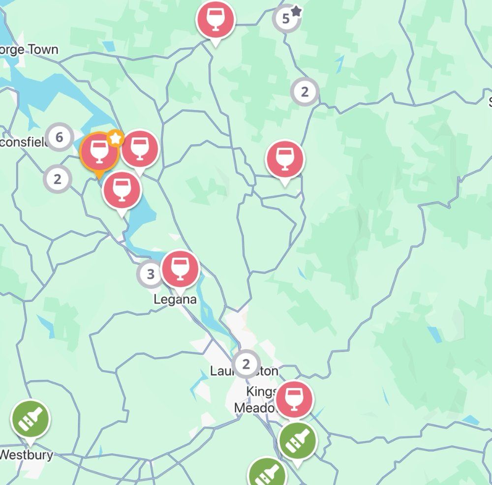 The Jedhi app map of the Tamar Valley, with winery and distillery pins from the West Tamar and Legana down to Launceston and Perth