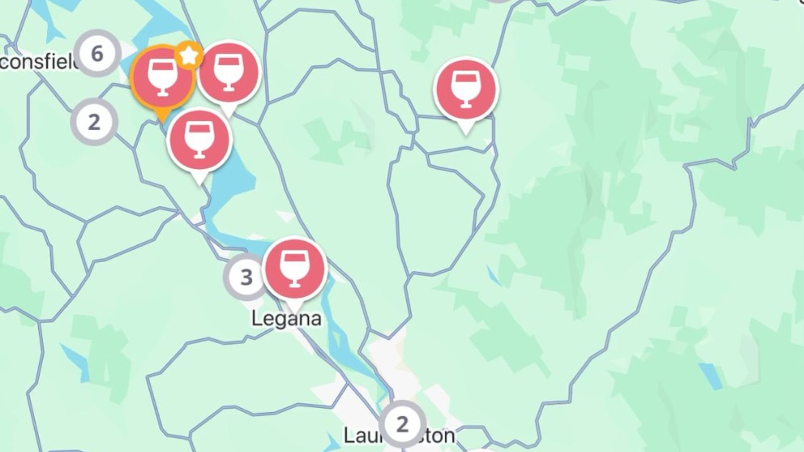 The Jedhi app map of the Tamar Valley, with winery and distillery pins from the West Tamar and Legana down to Launceston and Perth
