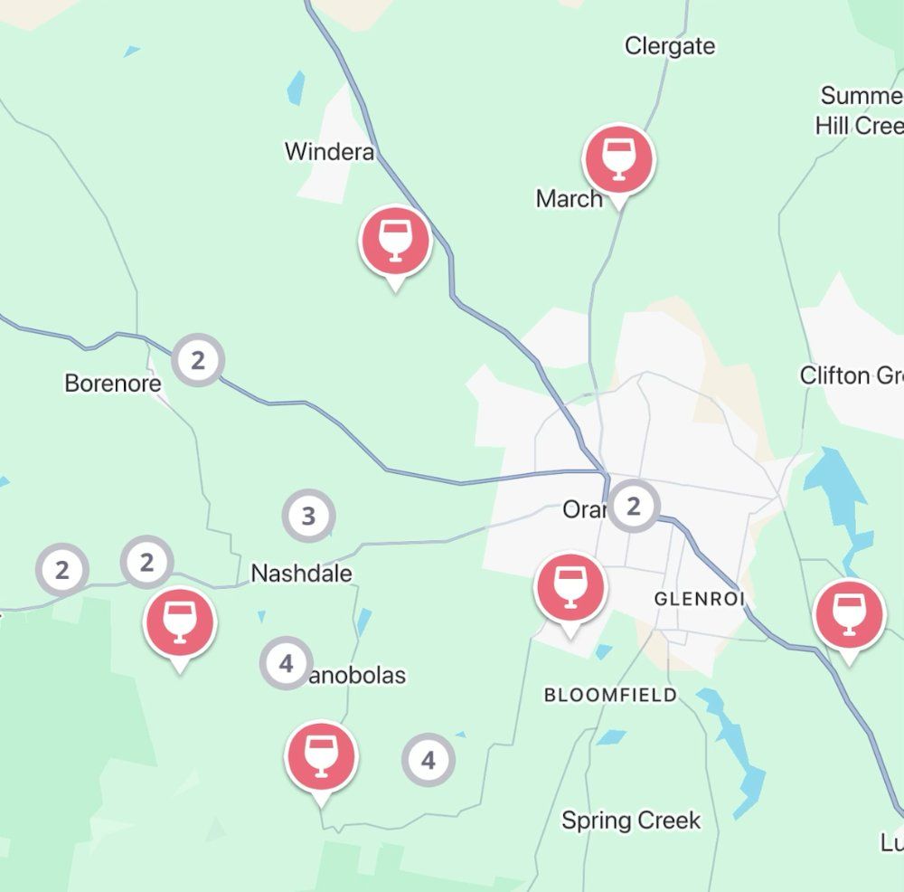 The Jedhi app map of Orange, with winery pins around the town, Nashdale, Borenore and Mount Canobolas