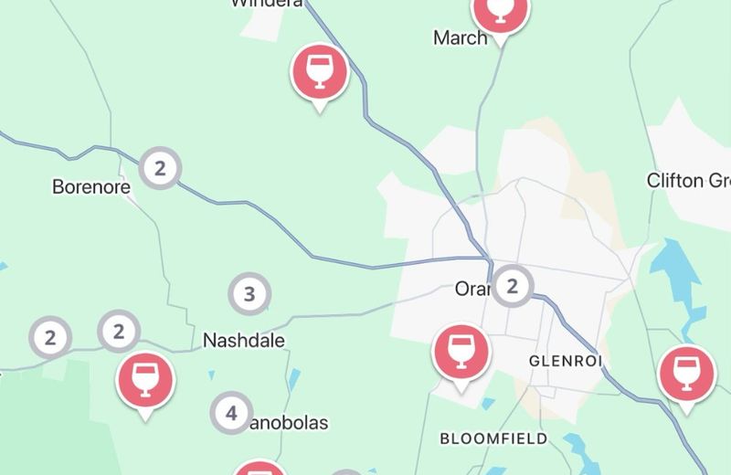 The Jedhi app map of Orange, with winery pins around the town, Nashdale, Borenore and Mount Canobolas