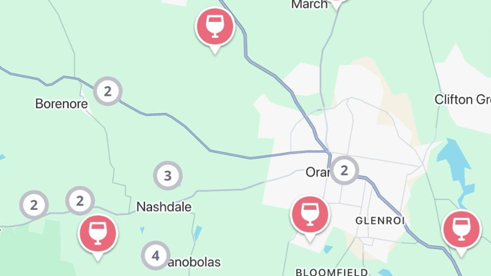 The Jedhi app map of Orange, with winery pins around the town, Nashdale, Borenore and Mount Canobolas