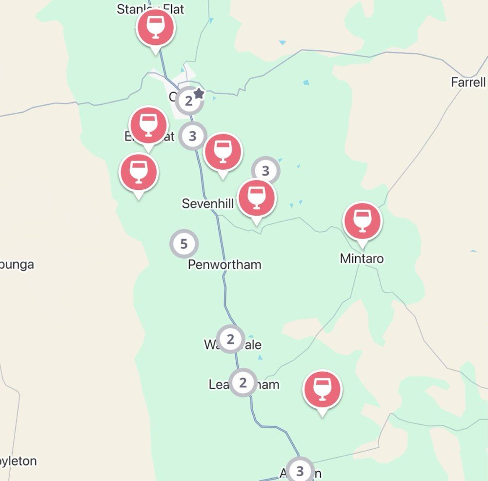 The Jedhi app map of the Clare Valley, with winery pins from Clare and Sevenhill down to Watervale, Leasingham, Auburn and Mintaro