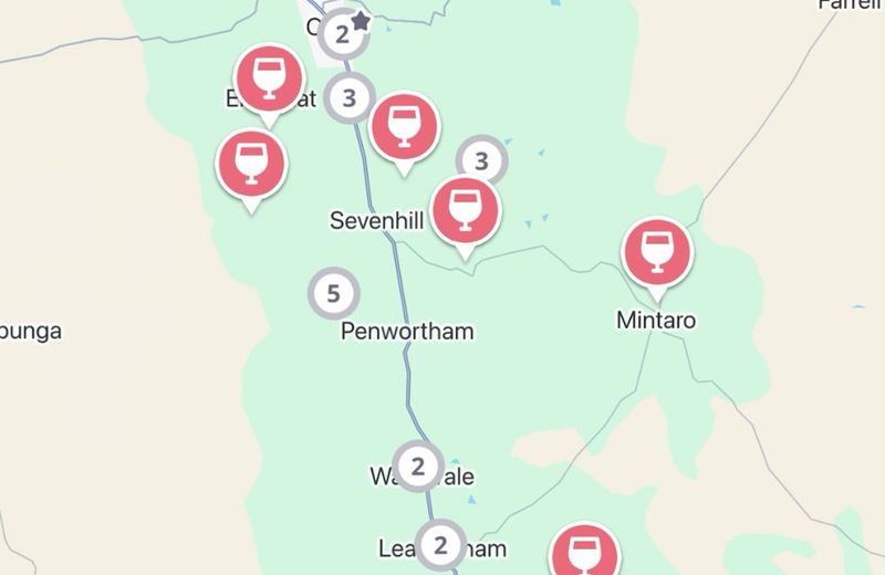 The Jedhi app map of the Clare Valley, with winery pins from Clare and Sevenhill down to Watervale, Leasingham, Auburn and Mintaro