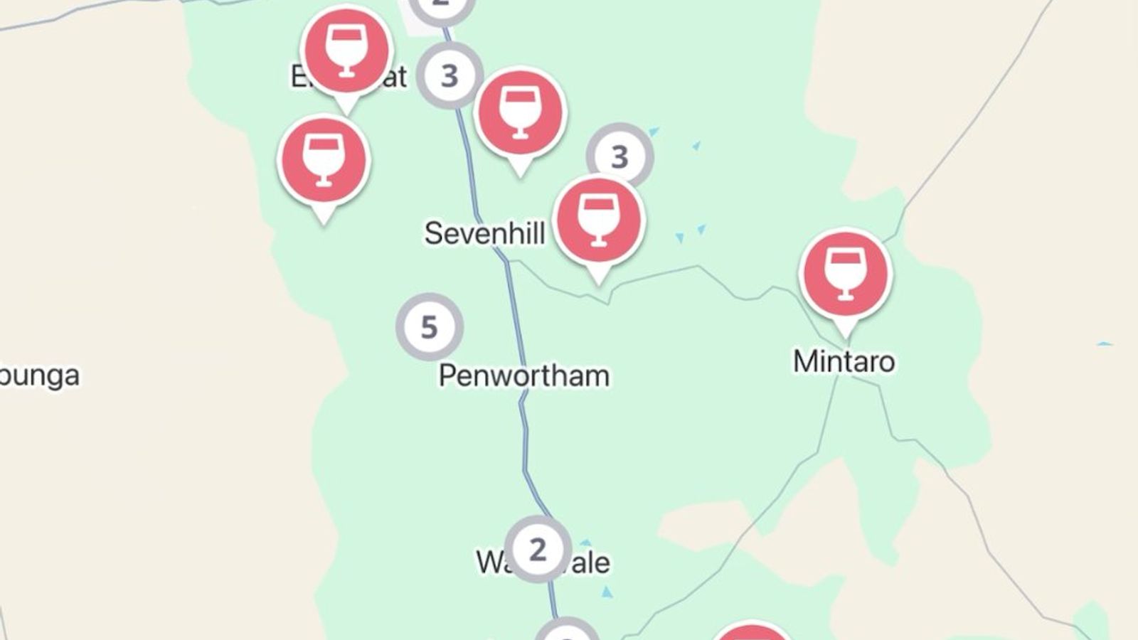 The Jedhi app map of the Clare Valley, with winery pins from Clare and Sevenhill down to Watervale, Leasingham, Auburn and Mintaro