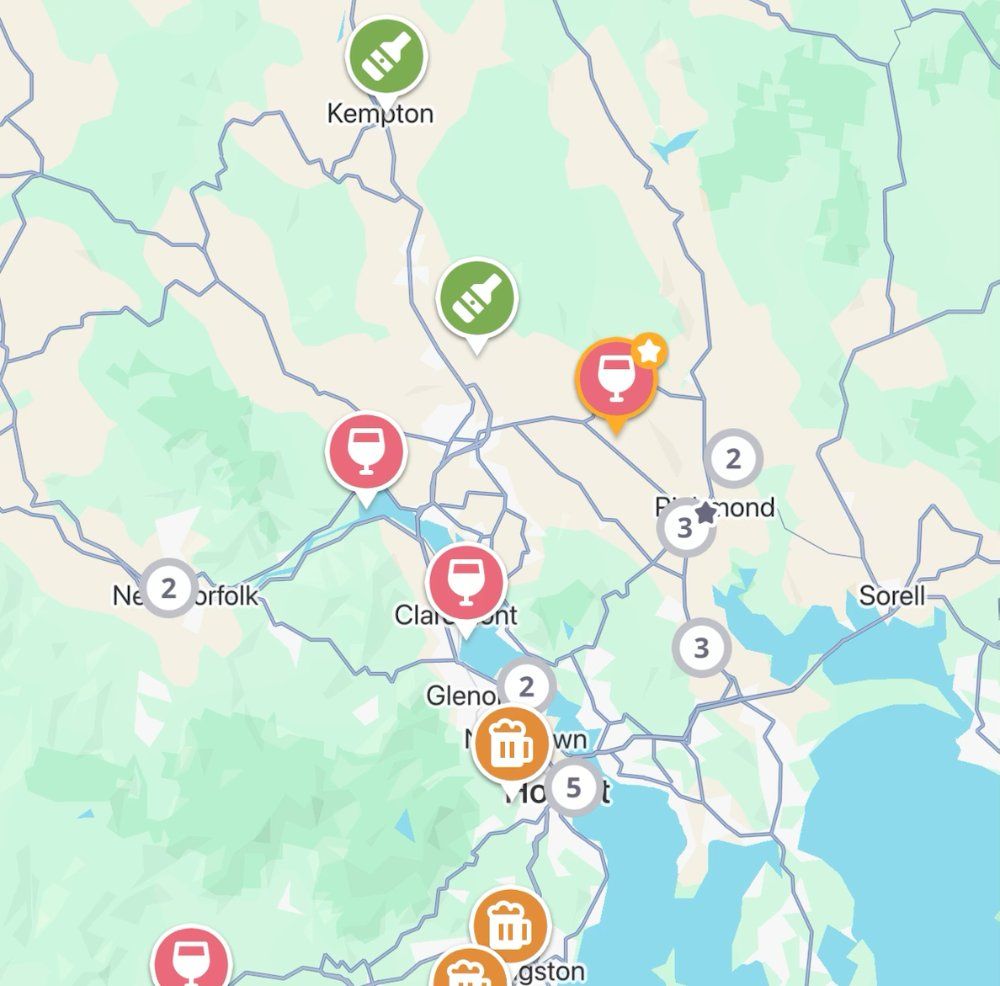 The Jedhi app map around Hobart, with winery, brewery and distillery pins from Kempton and Richmond down to the city, New Norfolk and Huonville