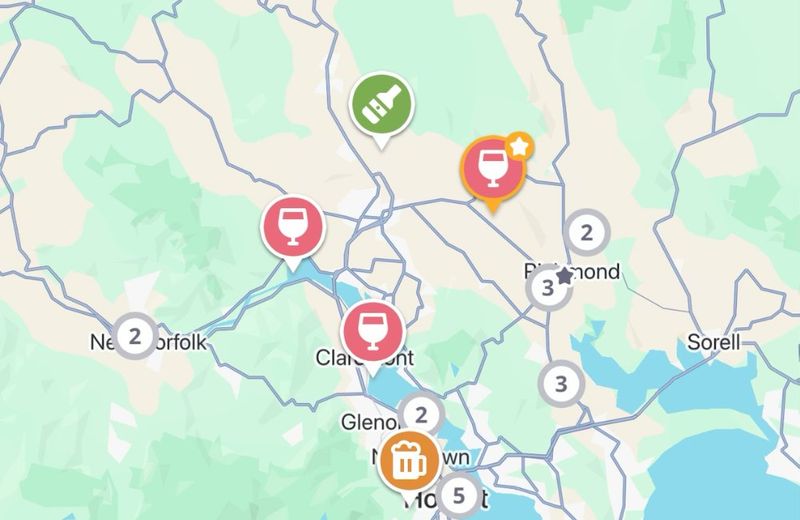 The Jedhi app map around Hobart, with winery, brewery and distillery pins from Kempton and Richmond down to the city, New Norfolk and Huonville