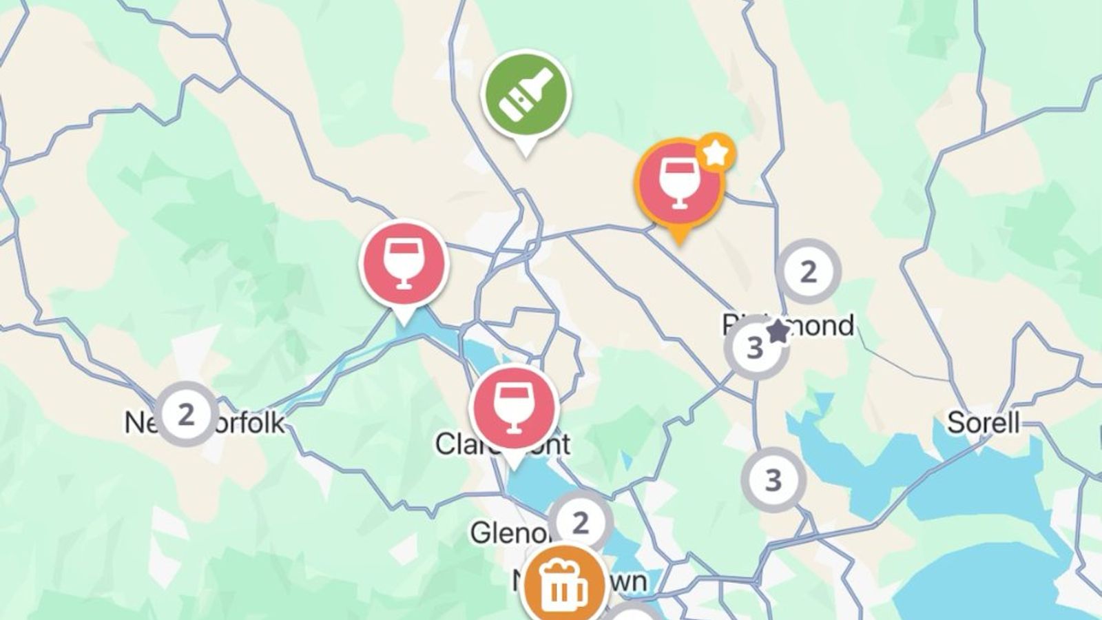 The Jedhi app map around Hobart, with winery, brewery and distillery pins from Kempton and Richmond down to the city, New Norfolk and Huonville