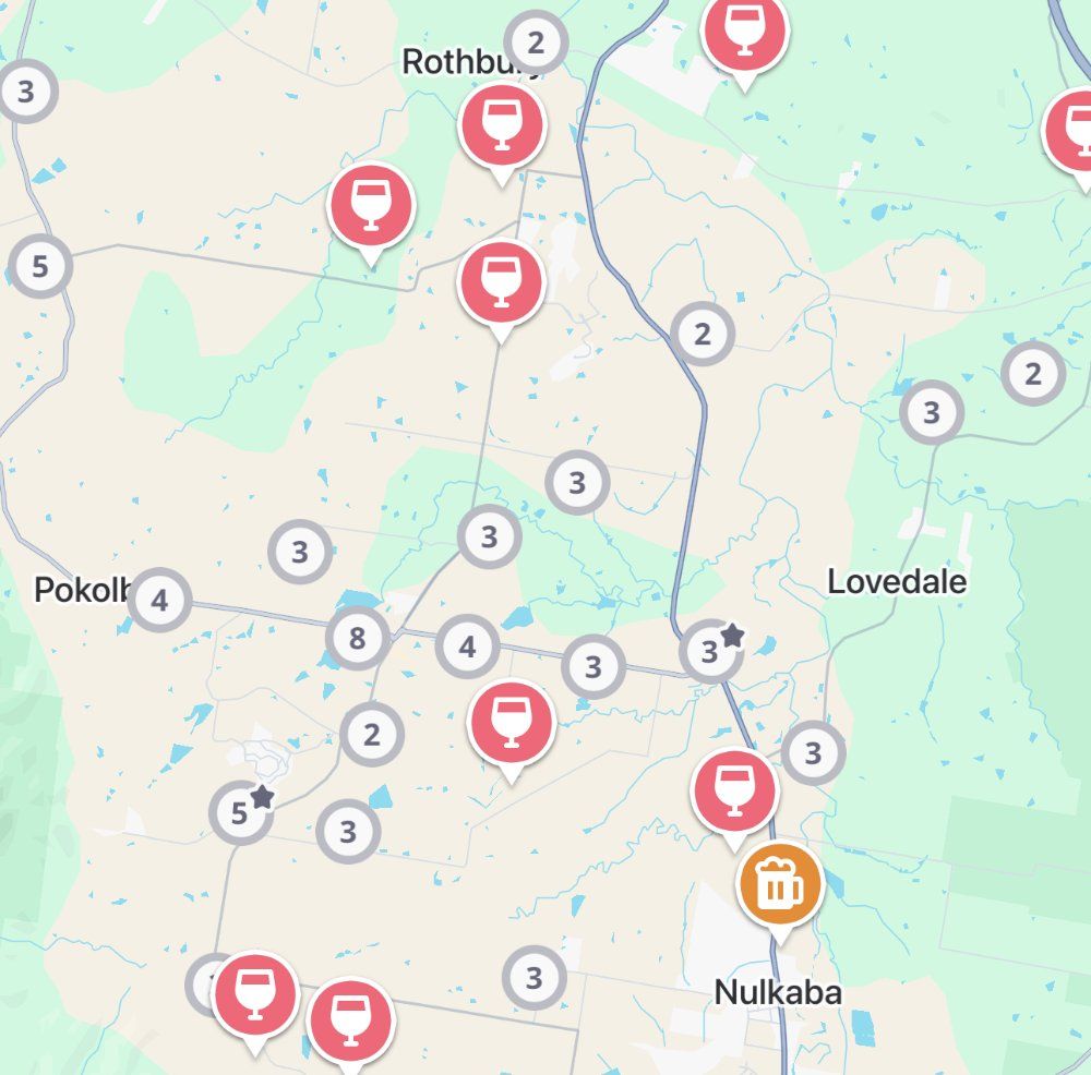The Jedhi app map of the Hunter Valley, with winery and brewery pins around Pokolbin, Rothbury, Lovedale and Nulkaba