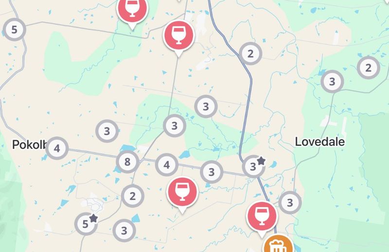 The Jedhi app map of the Hunter Valley, with winery and brewery pins around Pokolbin, Rothbury, Lovedale and Nulkaba