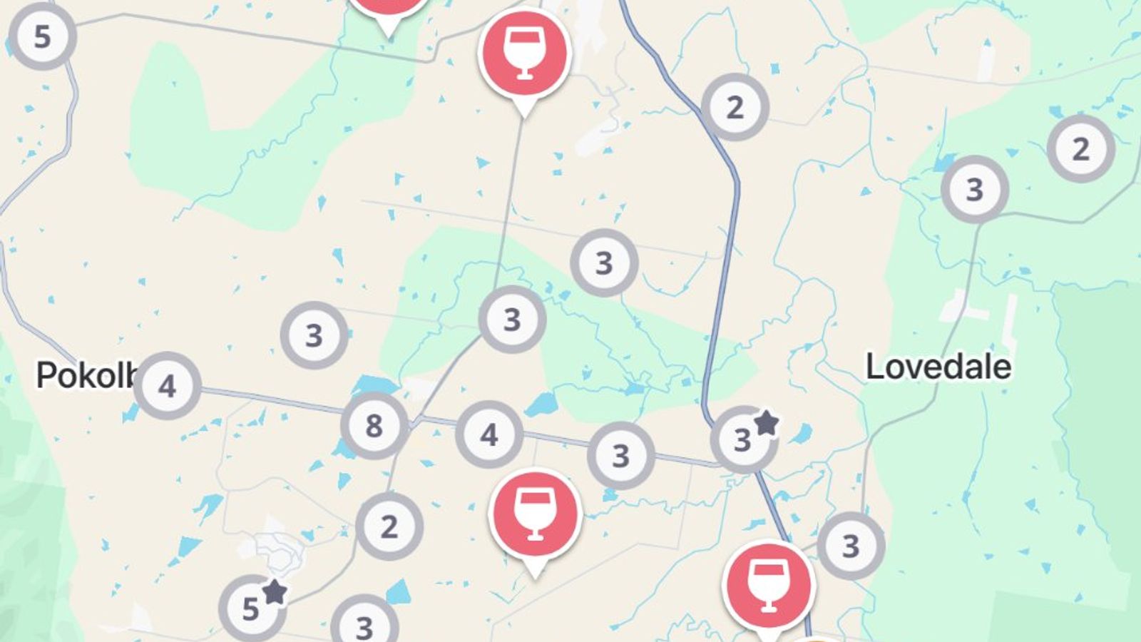 The Jedhi app map of the Hunter Valley, with winery and brewery pins around Pokolbin, Rothbury, Lovedale and Nulkaba