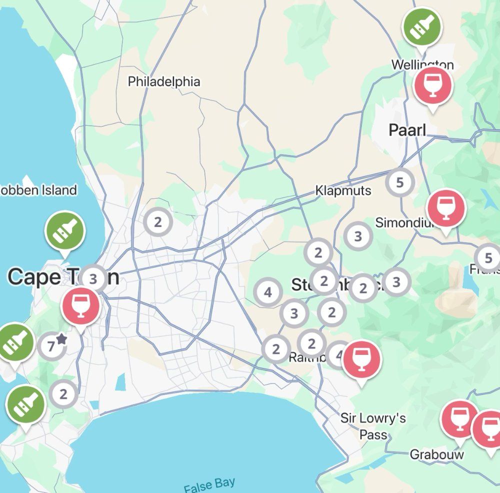 South Africa wine map in the Jedhi app, with winery, brewery and distillery pins around Cape Town, Stellenbosch, Paarl and Franschhoek