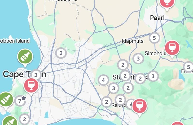 South Africa wine map in the Jedhi app, with winery, brewery and distillery pins around Cape Town, Stellenbosch, Paarl and Franschhoek
