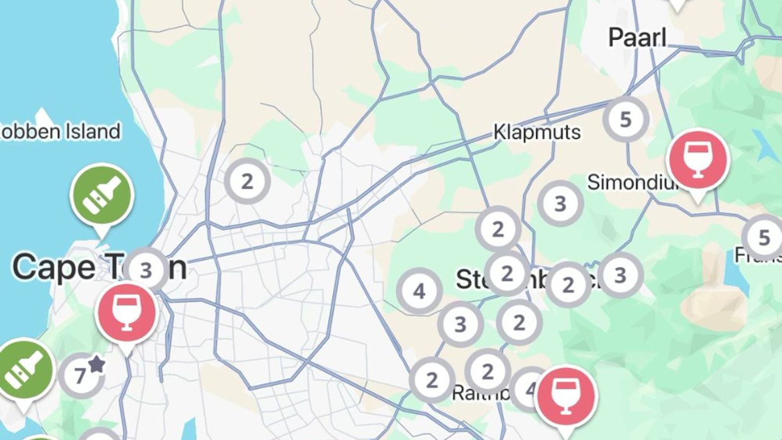 South Africa wine map in the Jedhi app, with winery, brewery and distillery pins around Cape Town, Stellenbosch, Paarl and Franschhoek