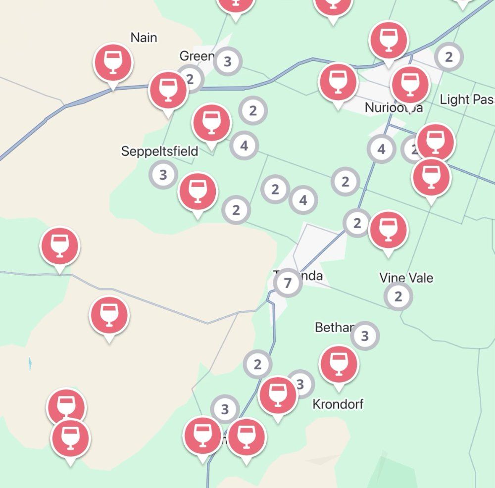 The Jedhi app map of the Barossa Valley, with winery pins from Lyndoch up through Tanunda to Nuriootpa and Seppeltsfield