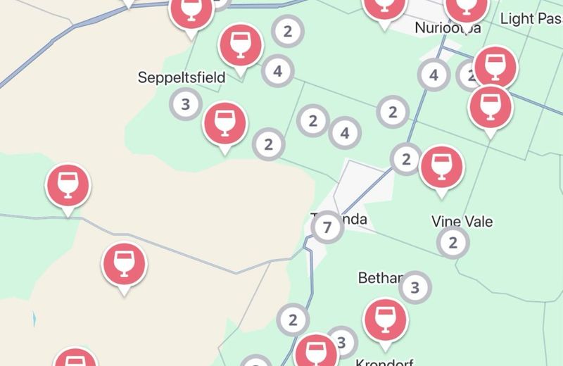 The Jedhi app map of the Barossa Valley, with winery pins from Lyndoch up through Tanunda to Nuriootpa and Seppeltsfield