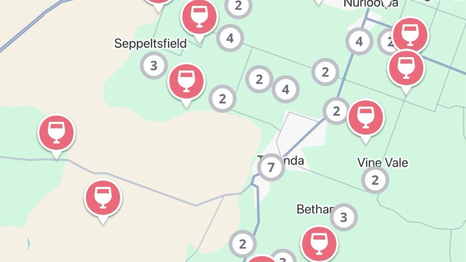 The Jedhi app map of the Barossa Valley, with winery pins from Lyndoch up through Tanunda to Nuriootpa and Seppeltsfield