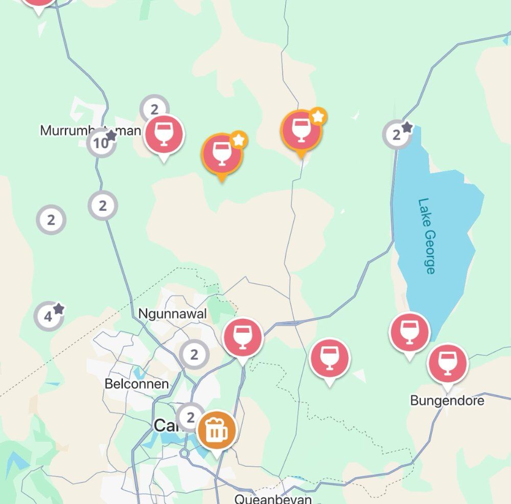 The Jedhi app map of the Canberra district, with winery and brewery pins from Murrumbateman to Lake George and Bungendore