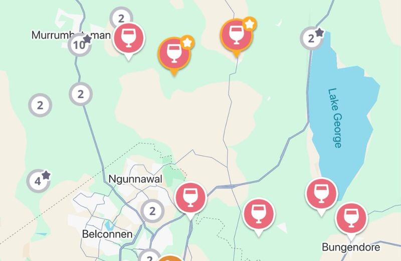 The Jedhi app map of the Canberra district, with winery and brewery pins from Murrumbateman to Lake George and Bungendore
