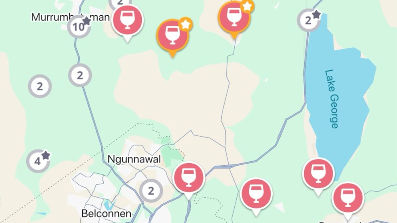 The Jedhi app map of the Canberra district, with winery and brewery pins from Murrumbateman to Lake George and Bungendore