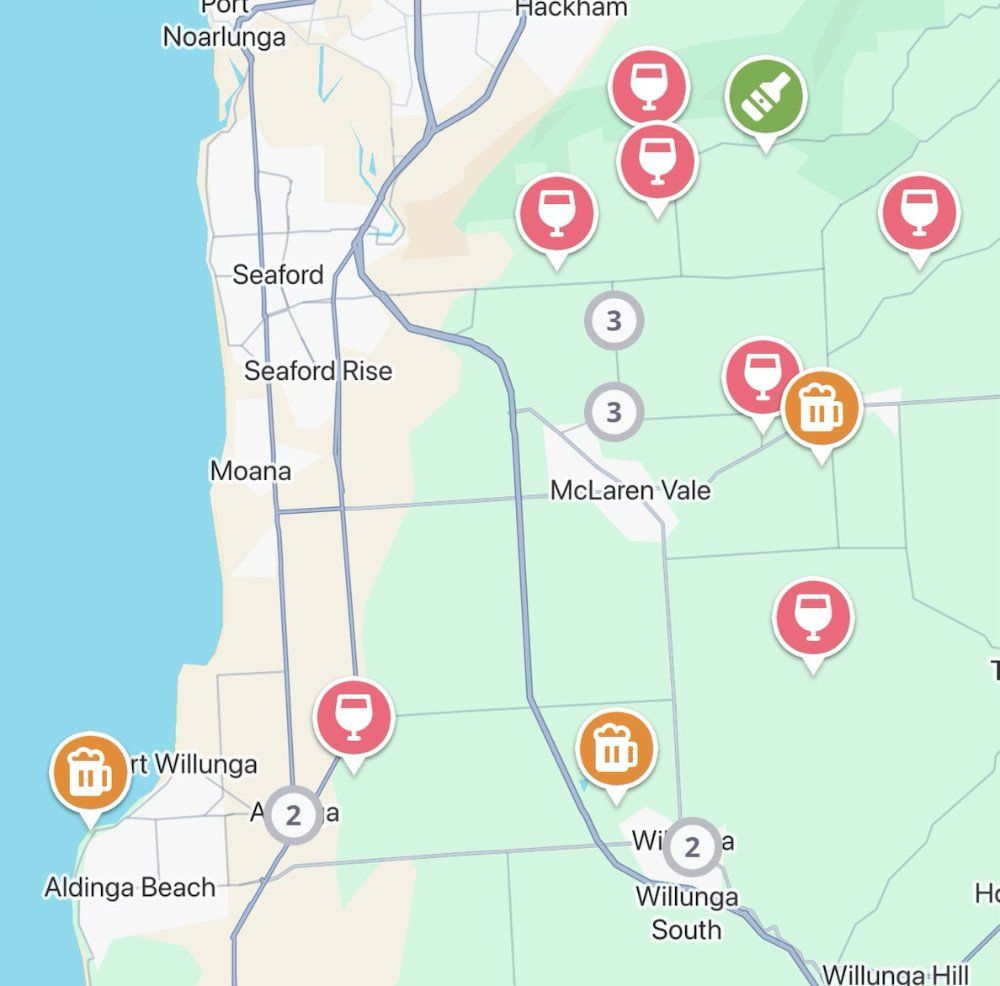 The Jedhi app map of McLaren Vale, with winery, brewery and distillery pins from McLaren Vale to Willunga and Aldinga
