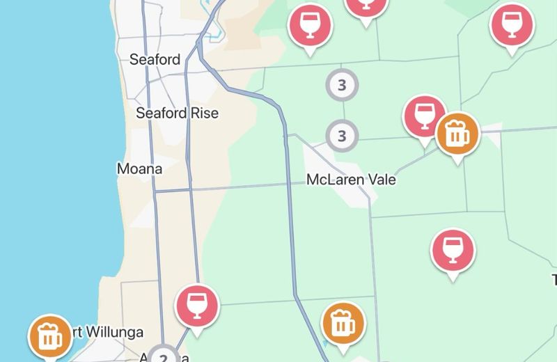 The Jedhi app map of McLaren Vale, with winery, brewery and distillery pins from McLaren Vale to Willunga and Aldinga
