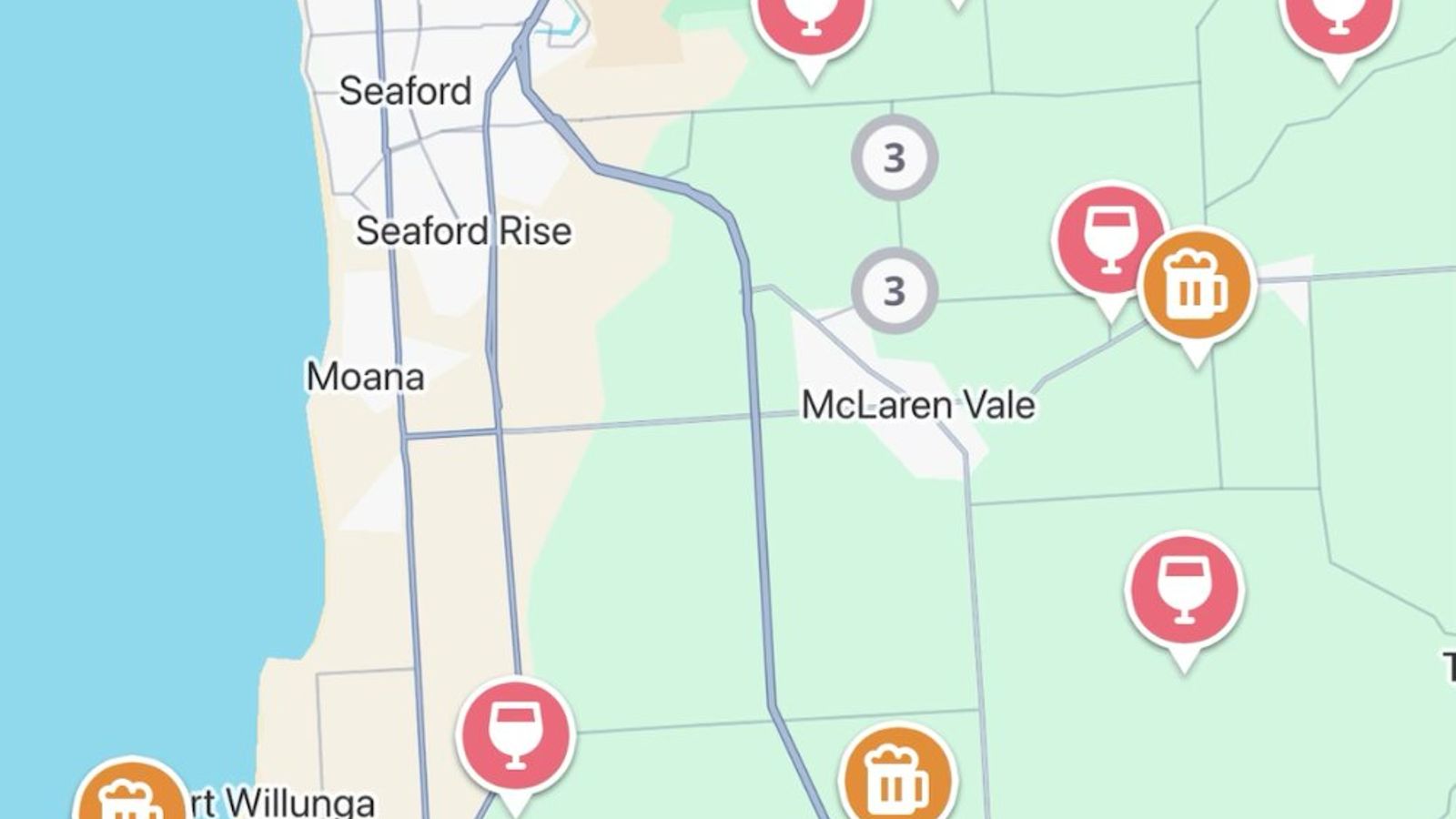 The Jedhi app map of McLaren Vale, with winery, brewery and distillery pins from McLaren Vale to Willunga and Aldinga