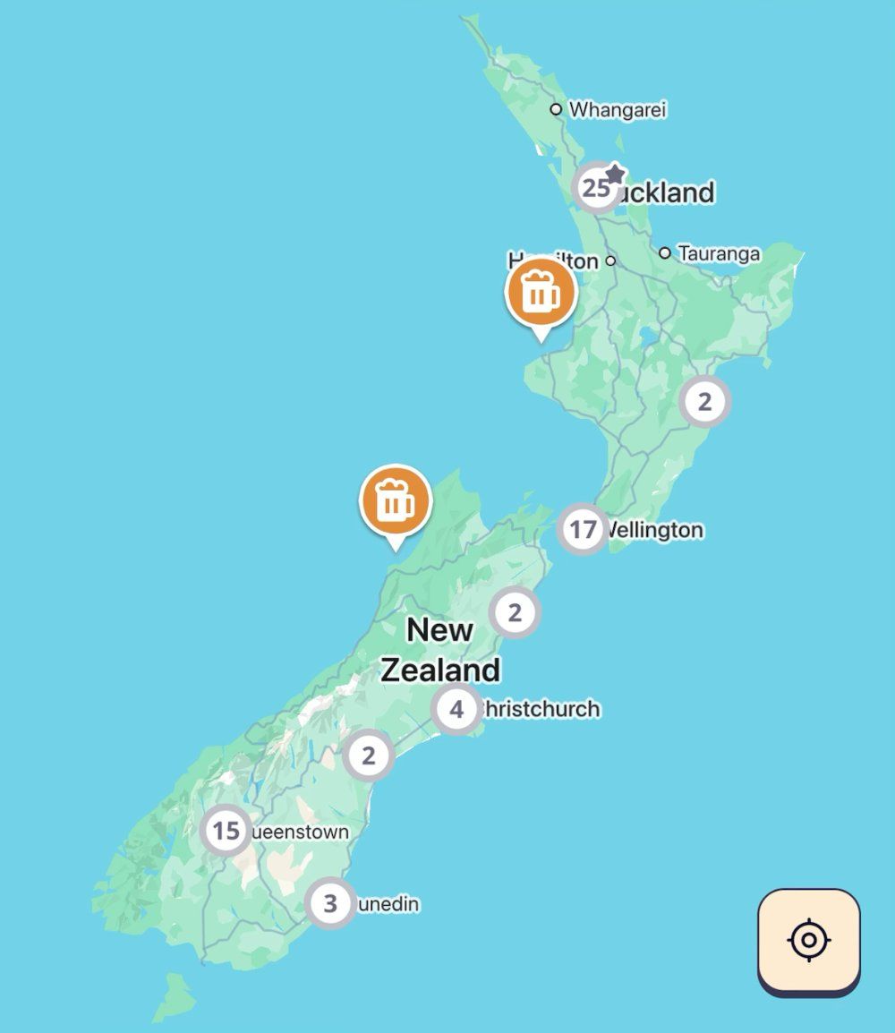 New Zealand wine map in the Jedhi app, with winery, brewery and distillery pins from Auckland to Queenstown