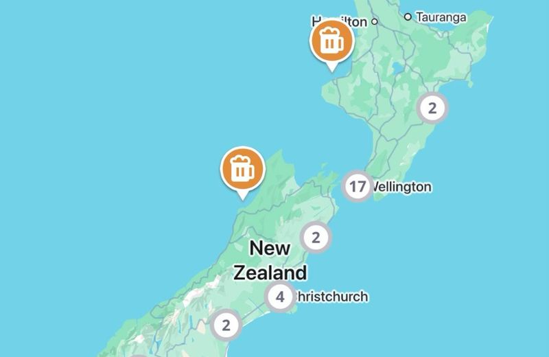 New Zealand wine map in the Jedhi app, with winery, brewery and distillery pins from Auckland to Queenstown