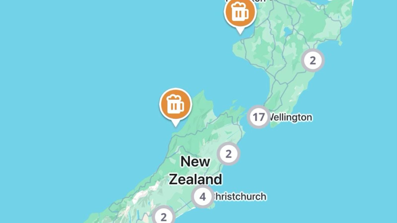 New Zealand wine map in the Jedhi app, with winery, brewery and distillery pins from Auckland to Queenstown