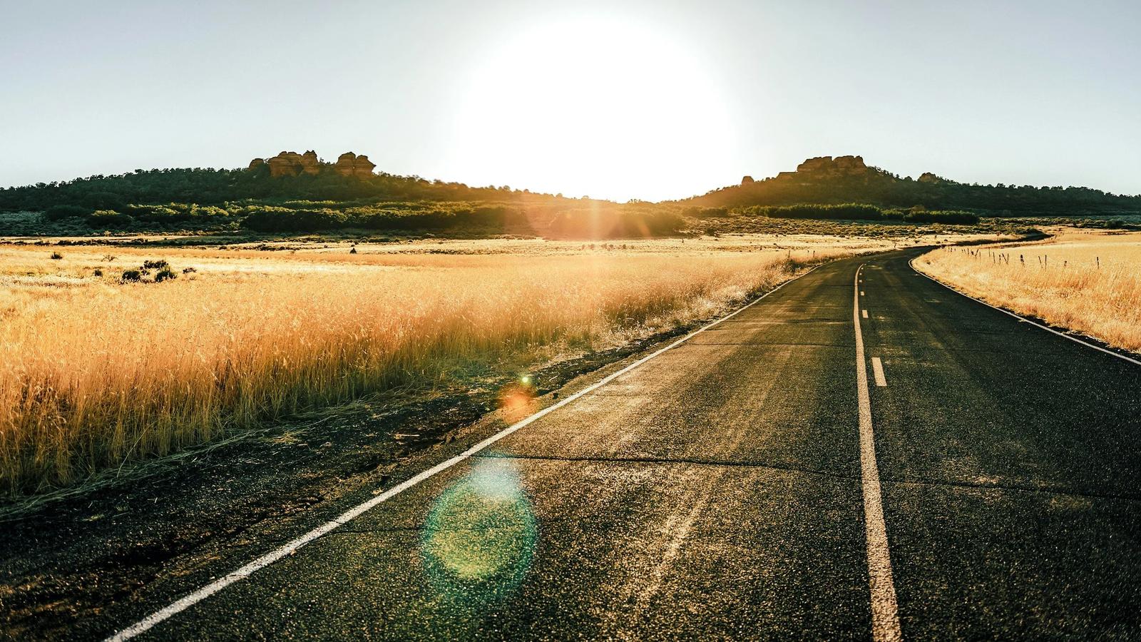 An image of a long winding road at sunset with fields of brown grasses on either side.
