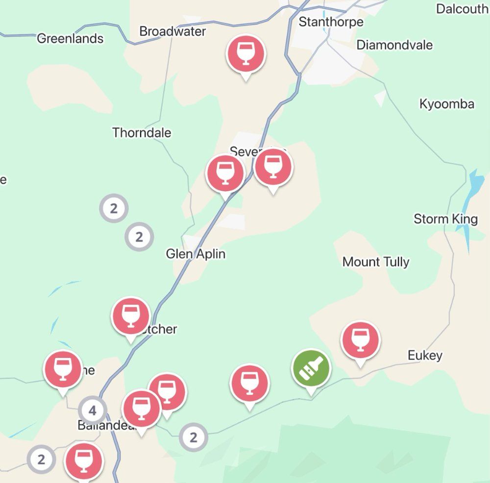 The Jedhi app map of the Granite Belt, with winery and distillery pins from Ballandean and Glen Aplin up to Stanthorpe
