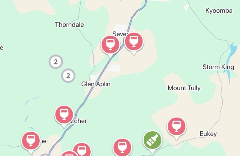 The Jedhi app map of the Granite Belt, with winery and distillery pins from Ballandean and Glen Aplin up to Stanthorpe