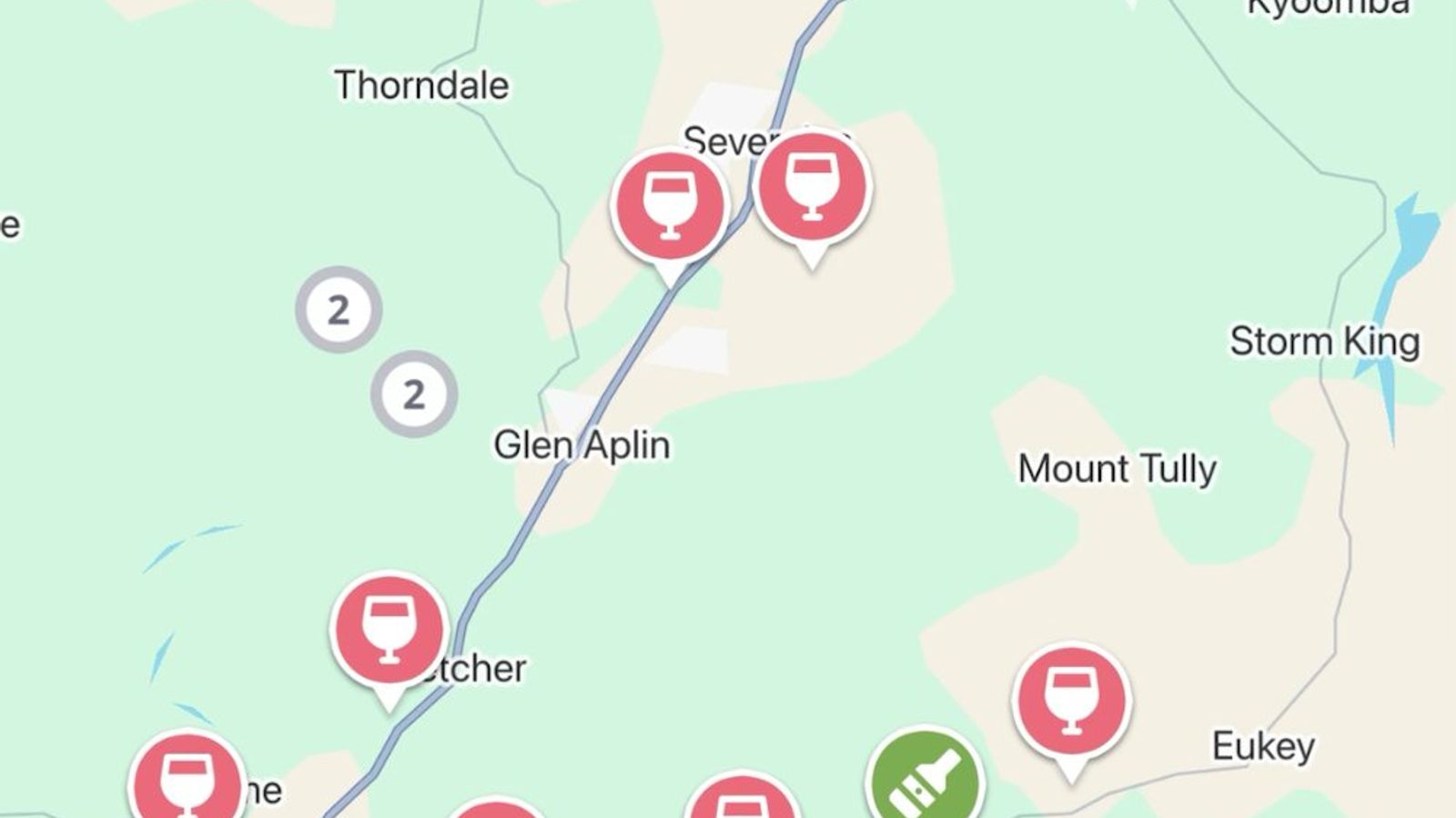 The Jedhi app map of the Granite Belt, with winery and distillery pins from Ballandean and Glen Aplin up to Stanthorpe