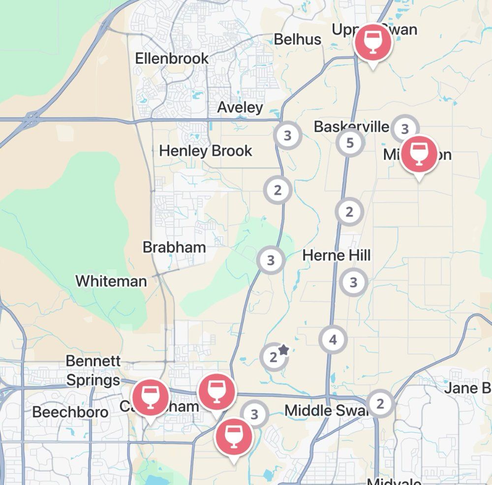 The Jedhi app map of the Swan Valley, with winery, brewery and distillery pins from Caversham up through Herne Hill to Upper Swan