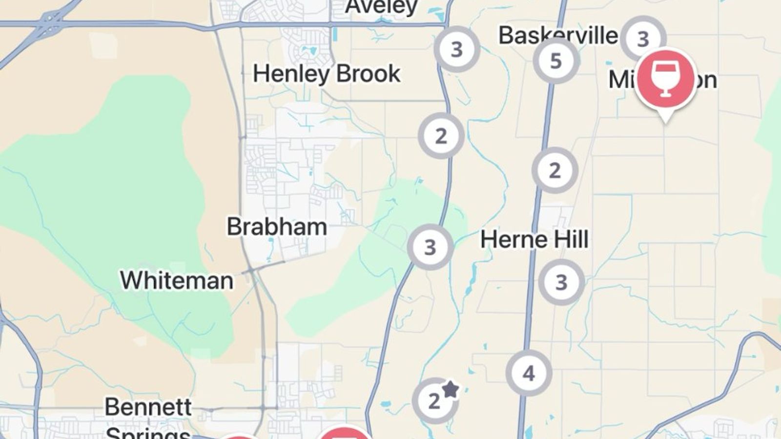 The Jedhi app map of the Swan Valley, with winery, brewery and distillery pins from Caversham up through Herne Hill to Upper Swan