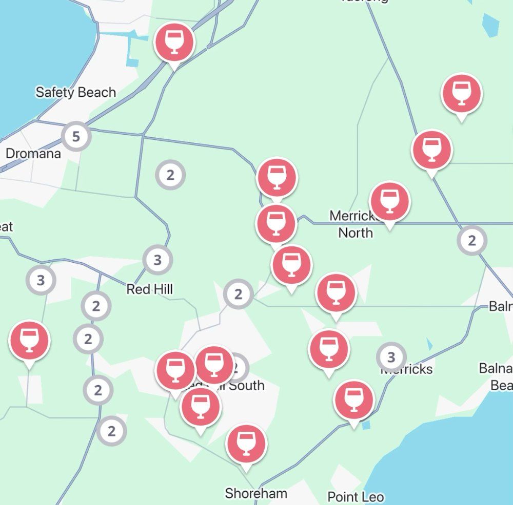 The Jedhi app map of the Mornington Peninsula, with winery pins around Red Hill, Merricks, Dromana and Shoreham