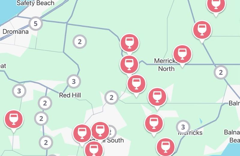The Jedhi app map of the Mornington Peninsula, with winery pins around Red Hill, Merricks, Dromana and Shoreham