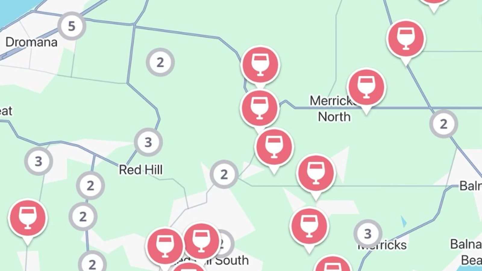 The Jedhi app map of the Mornington Peninsula, with winery pins around Red Hill, Merricks, Dromana and Shoreham