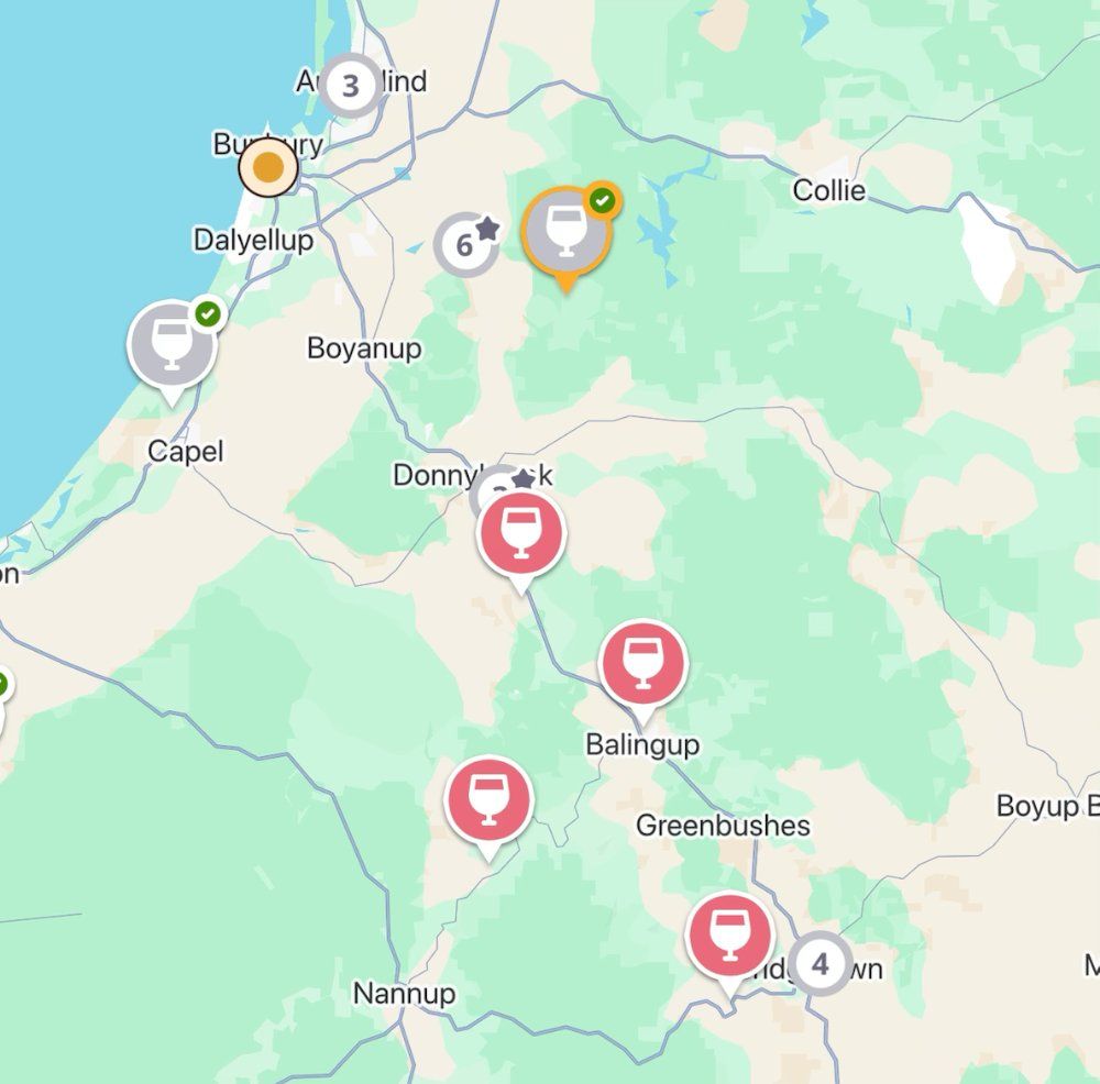 The Jedhi app map of the Geographe region, with winery and brewery pins around Bunbury, Capel, the Ferguson Valley and Donnybrook