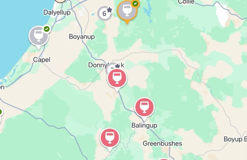 The Jedhi app map of the Geographe region, with winery and brewery pins around Bunbury, Capel, the Ferguson Valley and Donnybrook