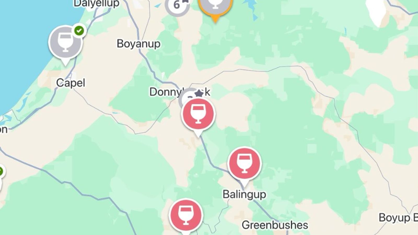 The Jedhi app map of the Geographe region, with winery and brewery pins around Bunbury, Capel, the Ferguson Valley and Donnybrook