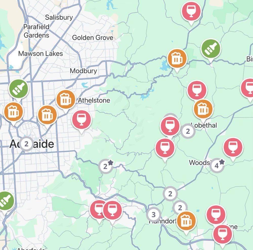 The Jedhi app map of the Adelaide Hills, with winery, brewery and distillery pins from Hahndorf to Lobethal and Woodside