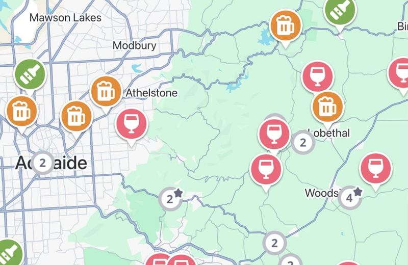 The Jedhi app map of the Adelaide Hills, with winery, brewery and distillery pins from Hahndorf to Lobethal and Woodside