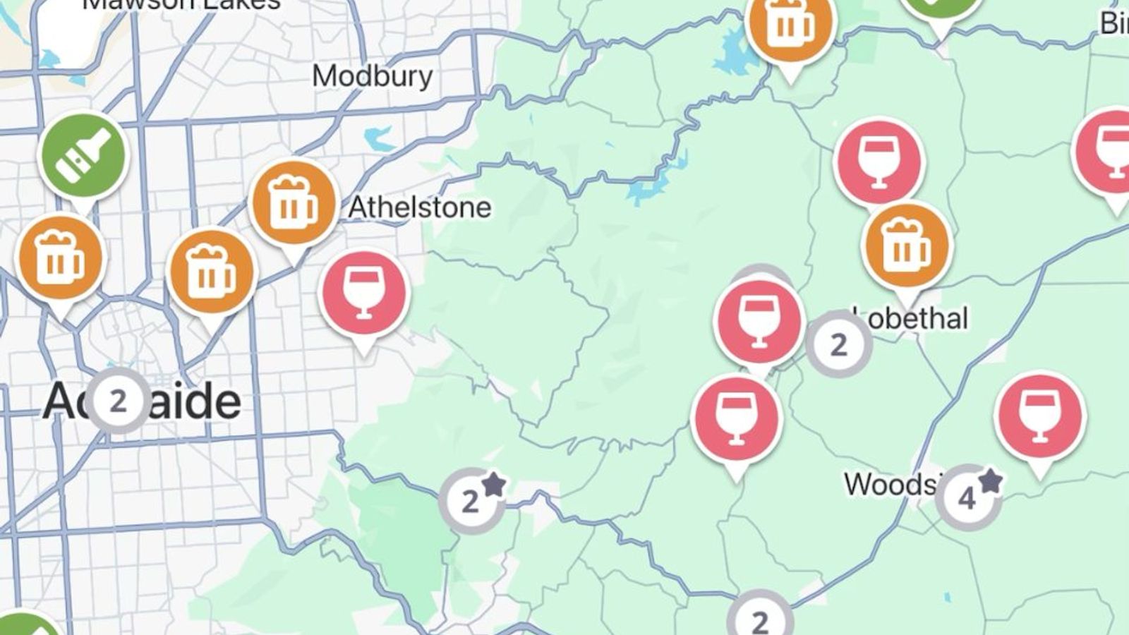 The Jedhi app map of the Adelaide Hills, with winery, brewery and distillery pins from Hahndorf to Lobethal and Woodside